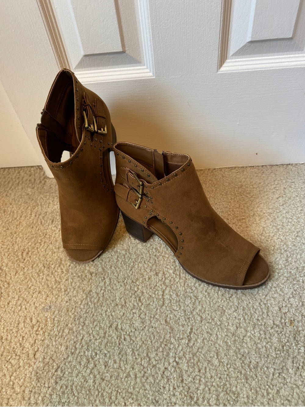 Dirty Laundry Brown Open-Toe Suede Cutout Booties with Buckle Detail